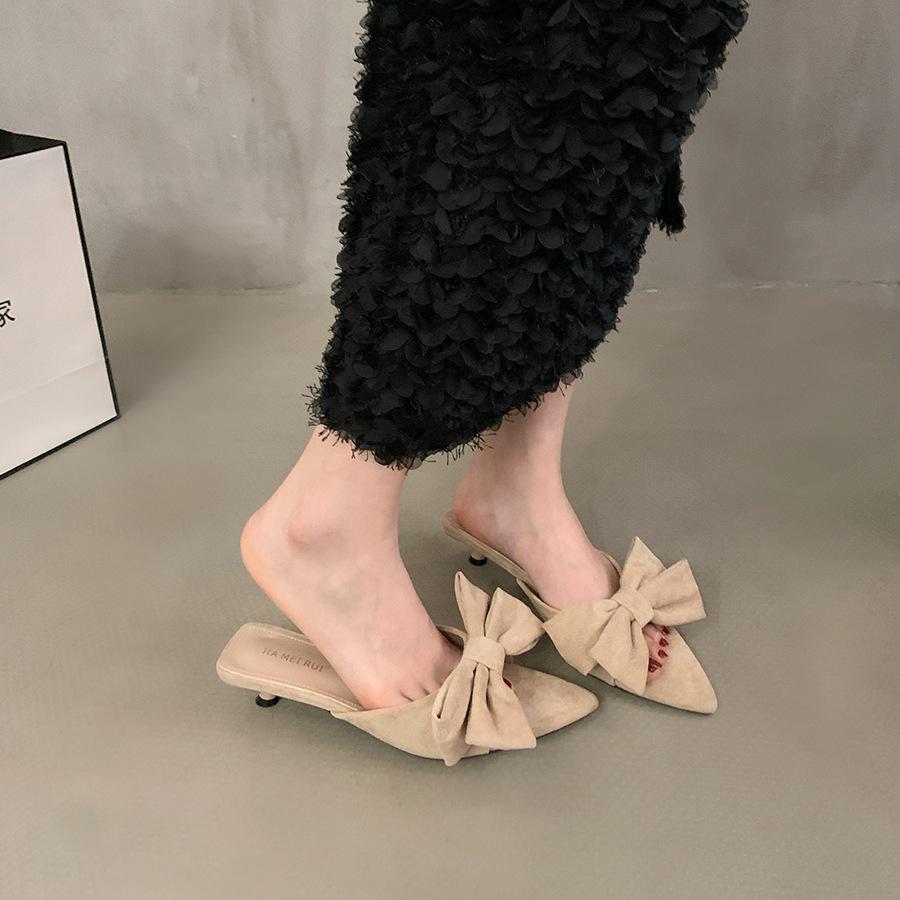 High-heeled Pointed Fairy Wind Small Cool Slippers Women's Shoes Wear 2025 New Summer Bow Temperament Sandals