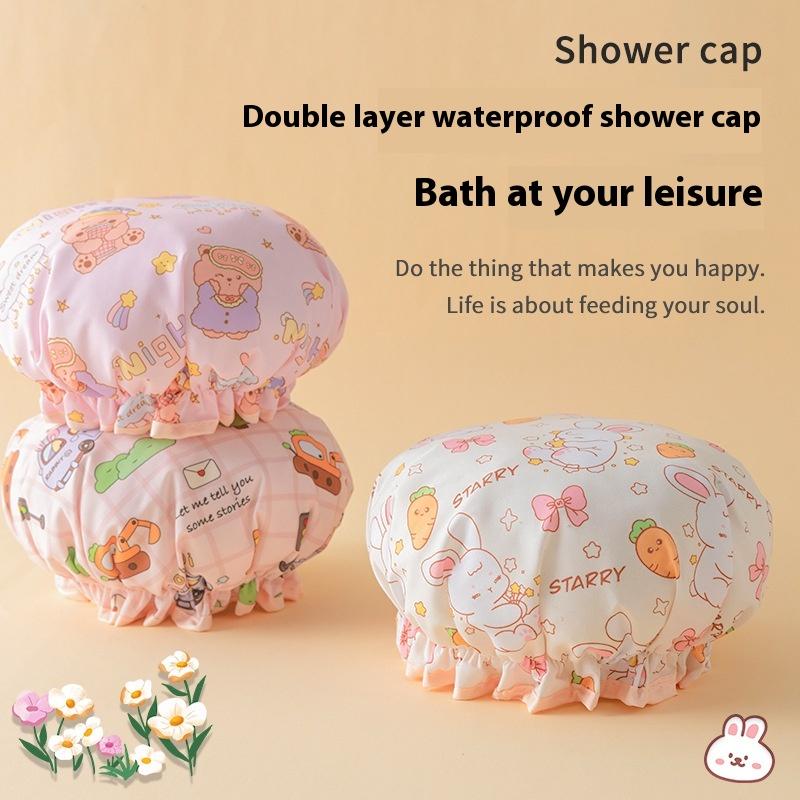 Double-Layer Shower Cap Waterproof Thickened Oil Fume Bath Hat Women Spa Hair Salon Shower Cap Bathroom Accessories