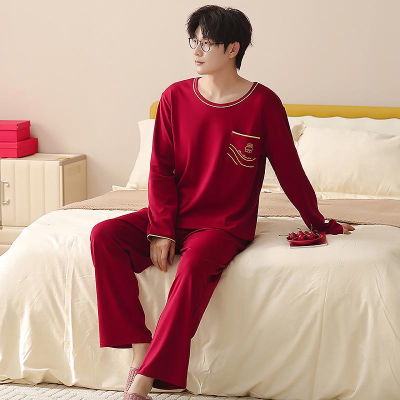 Red Cotton Couple Pajamas - Sweet, Cute, Loose, Long Sleeve Set for Spring/Autumn Newlyweds