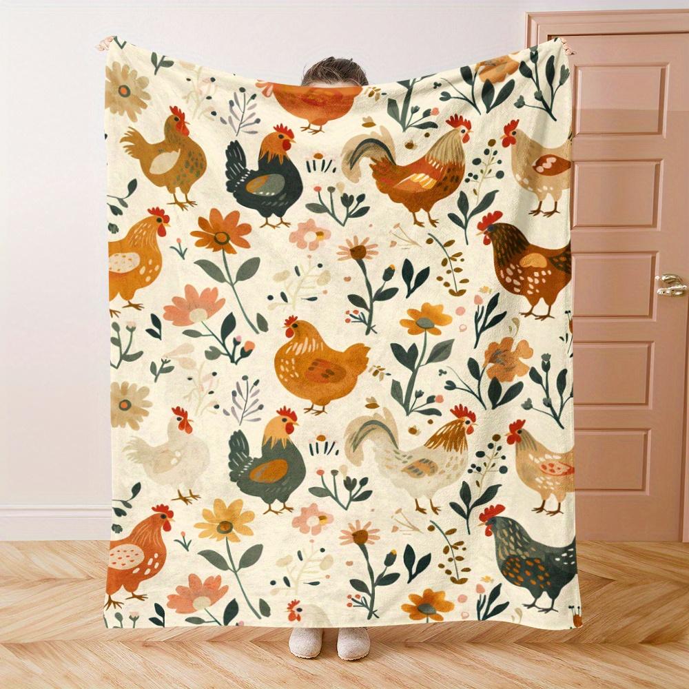 1pc Chicken Element Blanket, Vintage Illustration Style, Chickens On The Farm, Flowers, Plants, Animals, Birds, Soft And Warm Pr