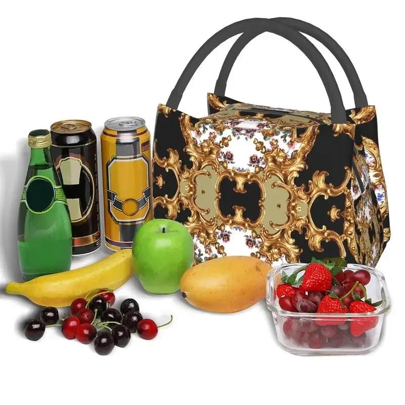 Gold Baroque Elegance Insulated Lunch Bag for Women Leakproof Geometric Patterns Cooler Thermal Lunch Box Beach Camping Travel