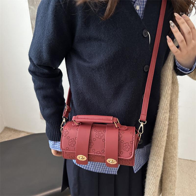 Winter New Trendy Fashion Crossbody Bag Embossed Texture Shoulder Bag Niche Retro Cylindrical Handbag Purse For Women KTY
