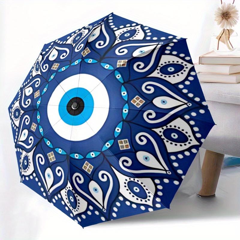 1pc Automatic Open/Close Umbrella with Evil Eye Mandala Design - Automatic Folding/Opening, Navy Blue & White, Durable Fabric Iron&8K