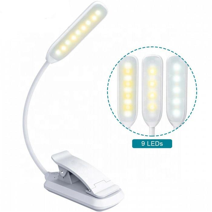 

Stepless Adjustable Rechargeable Gooseneck LED book Reading Light with 3 Level lighting Mini Clip On Book Light for