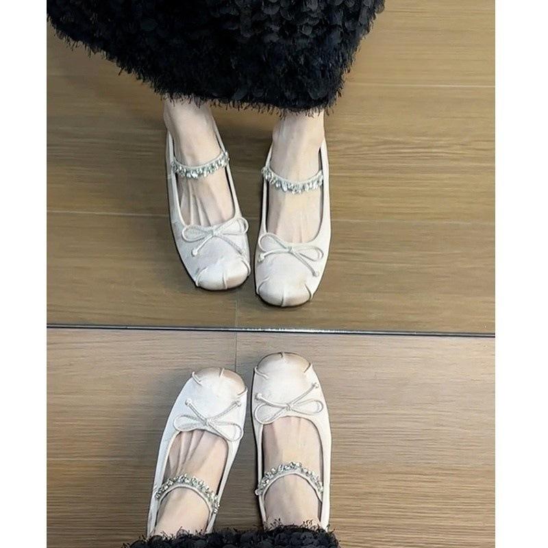 Inner Heightening Ballet Shoes Women's Flat Bow Rhinestone Mary Jane Shoes One-word Strap Shoes