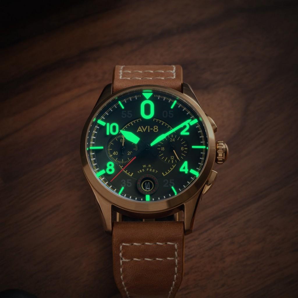 AVI-8 Kožený řemínek s chronografem Spitfire Lock Bronz Zelený ciferník Quartz AV-4089-02 pánské hodinky
