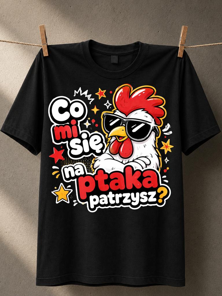 Co Mi Sie Na Ptaka Patrzysz Cartoon Rooster Stars Bold Bubble Letters Playful Polish Humor Unisex Unisex All TShirt
