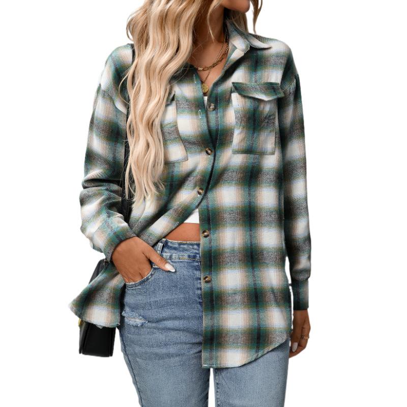 Women's Casual Button-Down Plaid Shirt, Long Sleeve Tie Front Top, Multiple Color Options