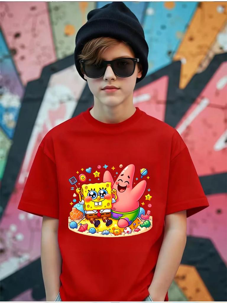 Lovable SpongeBob Short Sleeve T Shirt For Kids Summer Cute Cartoon Crewneck 3-14