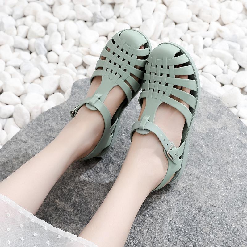 Baotou Sandals Women's Spring Summer Roman Sandals Outside Breathable Flat Casual Buckle Beach Jelly Sandals