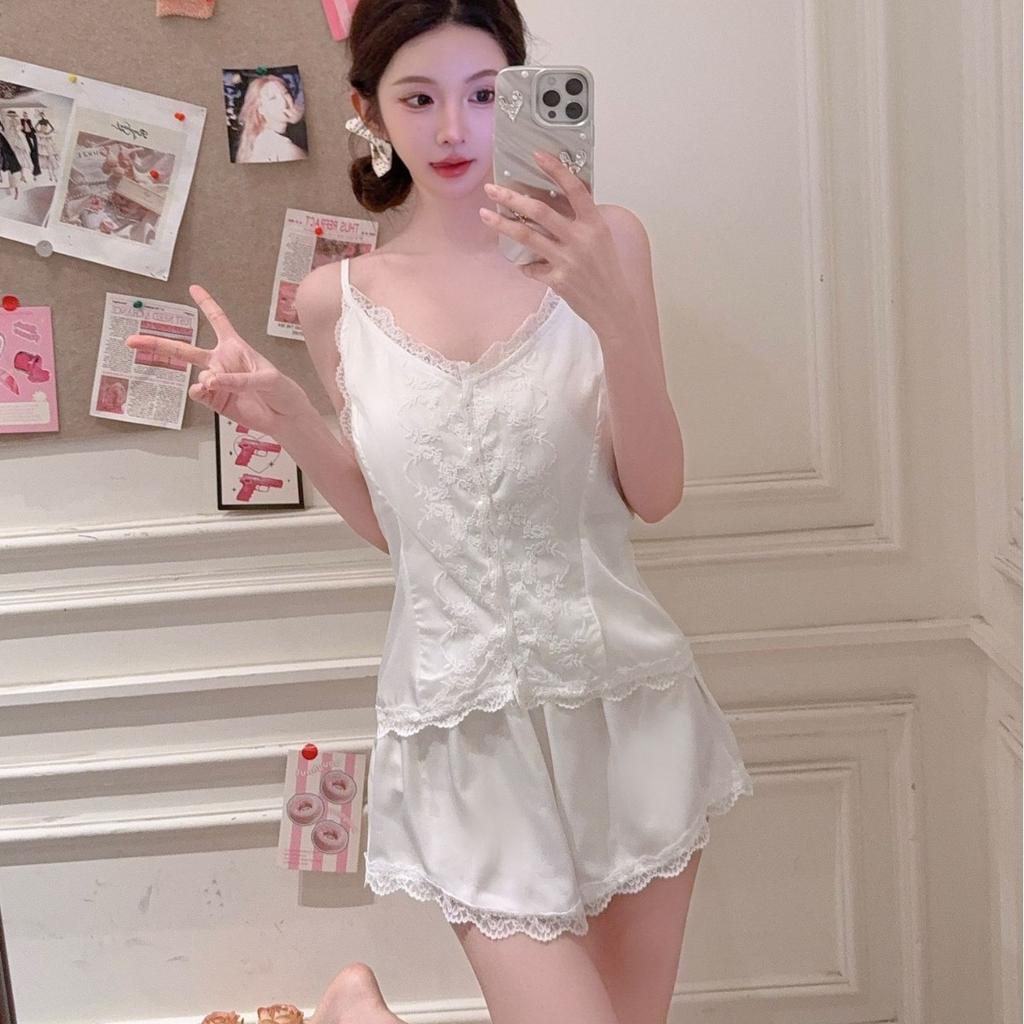 Summer Sexy V-neck New Suspender Shorts Lace Pajamas Women Sweet Ice Silk Cool Loungewear Pure Desire