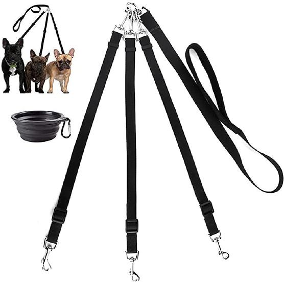 3 Way Dog Leash + a Collapsible Travel Bowl, Nylon Adjustable Coupler No Tangle Detachable 3 In 1 Multiple Dog Pet Cat Puppy Leash with Soft Padded