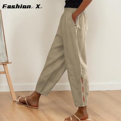 Pantaloni Lunghi Vintage in Puro Cotone e Lino Primavera Estate Vita Elastica Tasche Bottone Gambe Pantalone Traforate per Donna