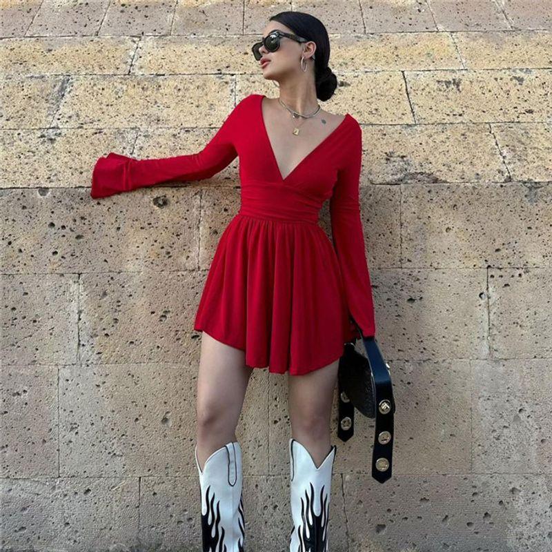 

European and American Sexy Silm Backless Waist Trimming V-neck Long-Sleeve Dress Sexy Bodycon Mini Dress Red XL