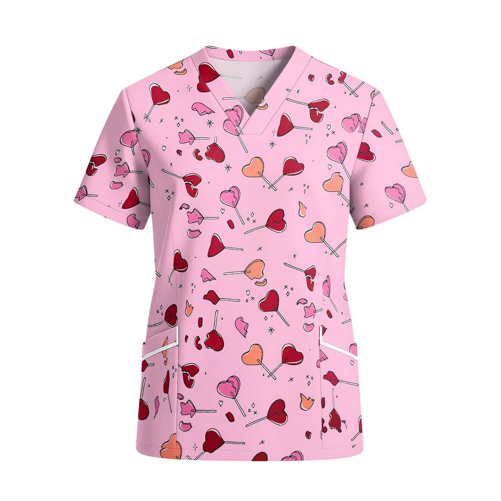 Women V Neck Short Sleeve Printed Scrub Top with Pockets for Work Uniforms Nursing Healthcare