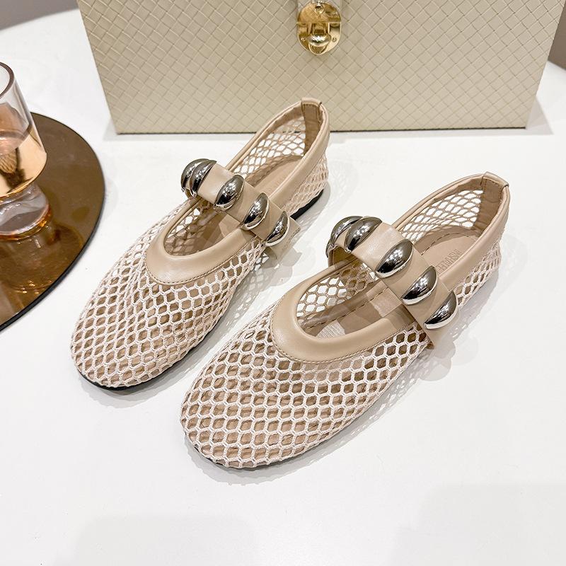 Foreign trade large size metal buckle mesh Mary Jane single shoes women's 2025 summer new European and American fashionable flat comfortable shoes