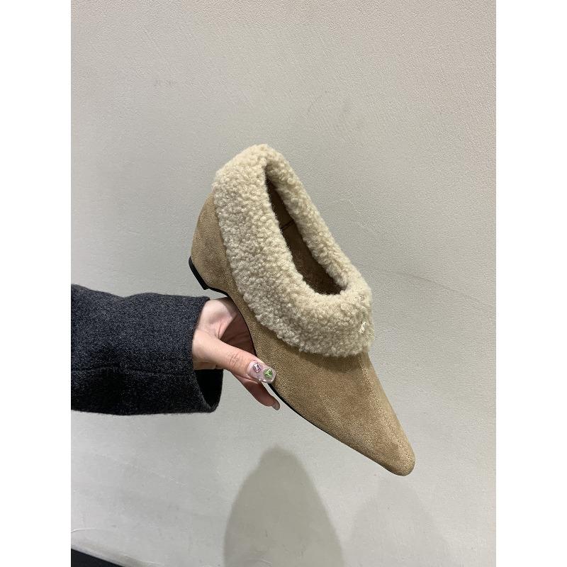Autumn and Winter New Versatile Single Shoes Velvet Warm Cotton Shoes Heightened Gray Pointed Retro Fluffy Shoes Short Boots