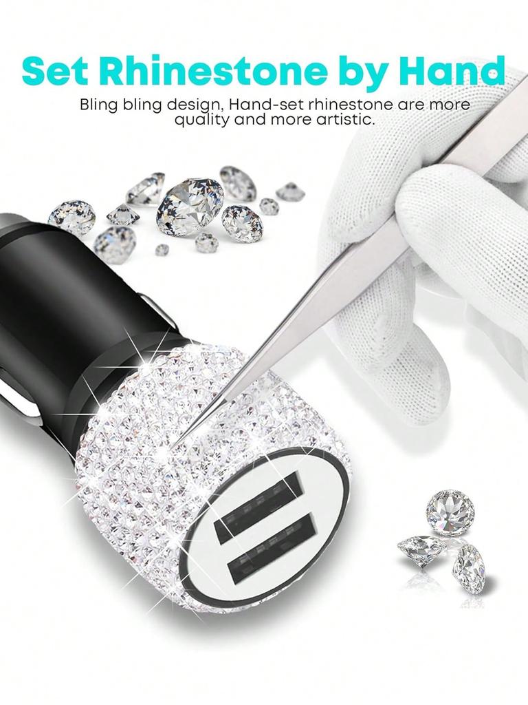 1pc Bling Bling Rhinestone Studded Car Charger, Fast Charging, USB A/C Car Phone Charger, Heart-Shaped LED Display Rhinestone Car Charger Adapter