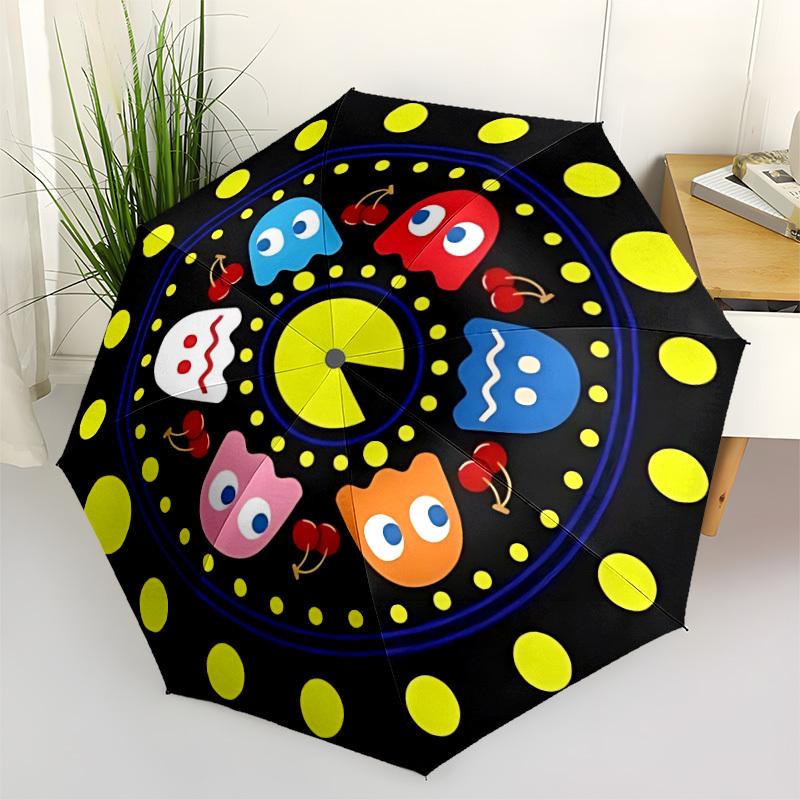 1PC Pac-Man Pattern Automatic Folding Umbrella, Portable Collapsible Design, Casual Outdoor Accessory, For All Seasons, Christmas Birthday Festival Gi