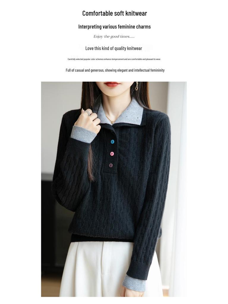High-End Women's Retro Cable Knit Sweater: Two-Piece, Half-Open Collar, Korean Style, Autumn/Winter Slimming Knitwear