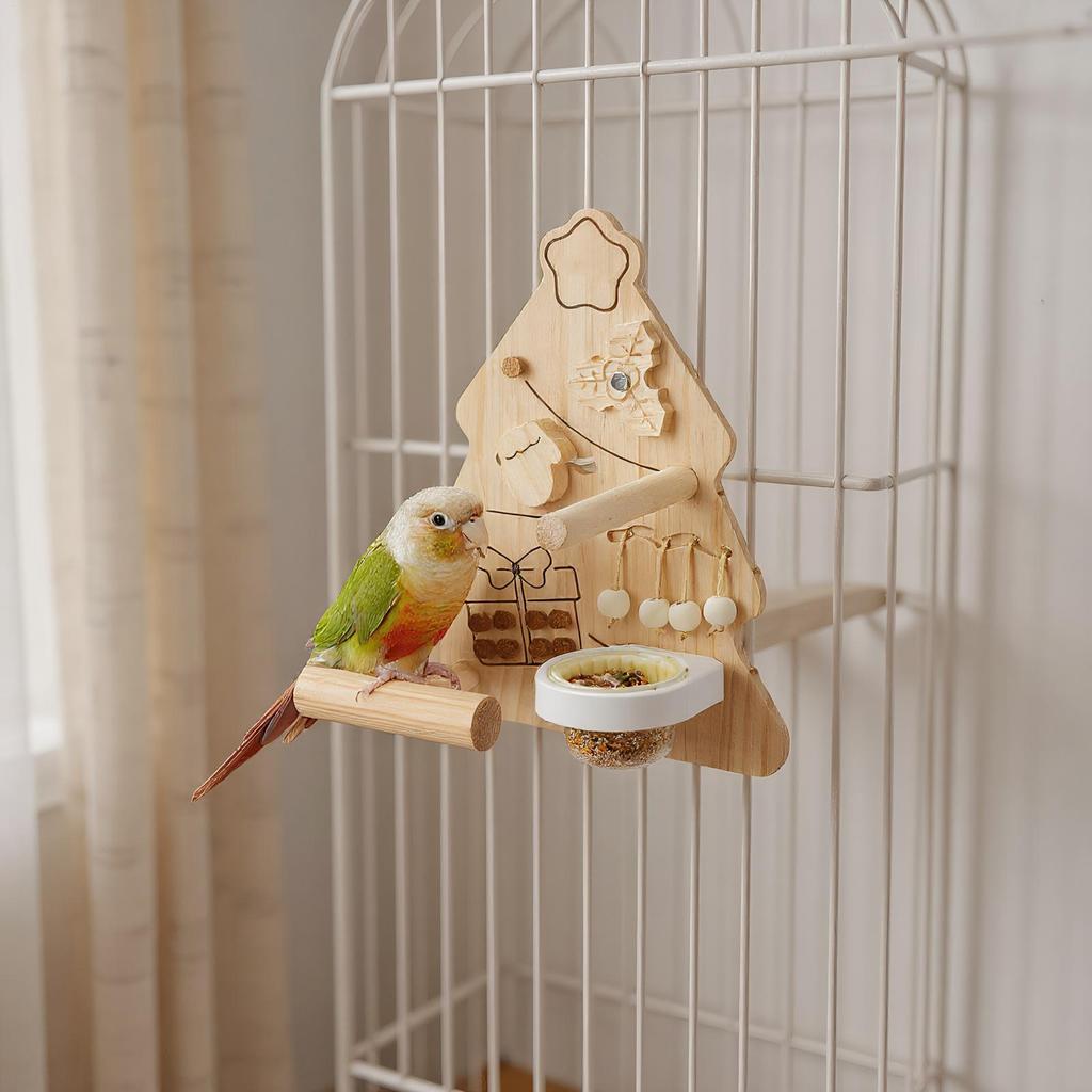 Bird Toy Chewing Christmas Tree Shaped Chewing Bird Playground Interactive Wooden Climbing Perch Enrichment For Cage Inside