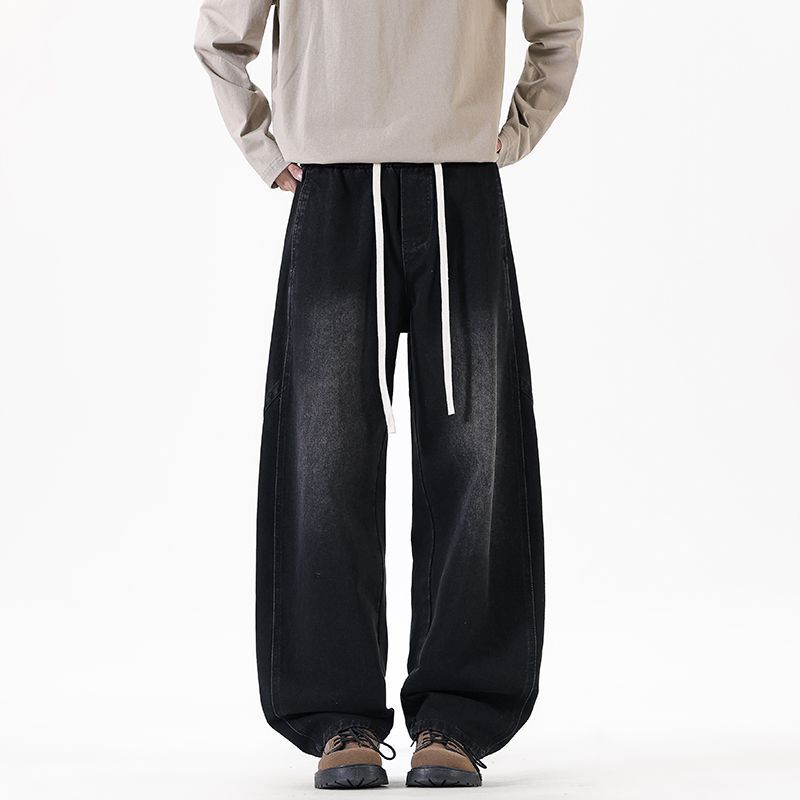American retro trendy brand washed scimitar jeans men's trend loose wide legs drape elastic waist long pants men