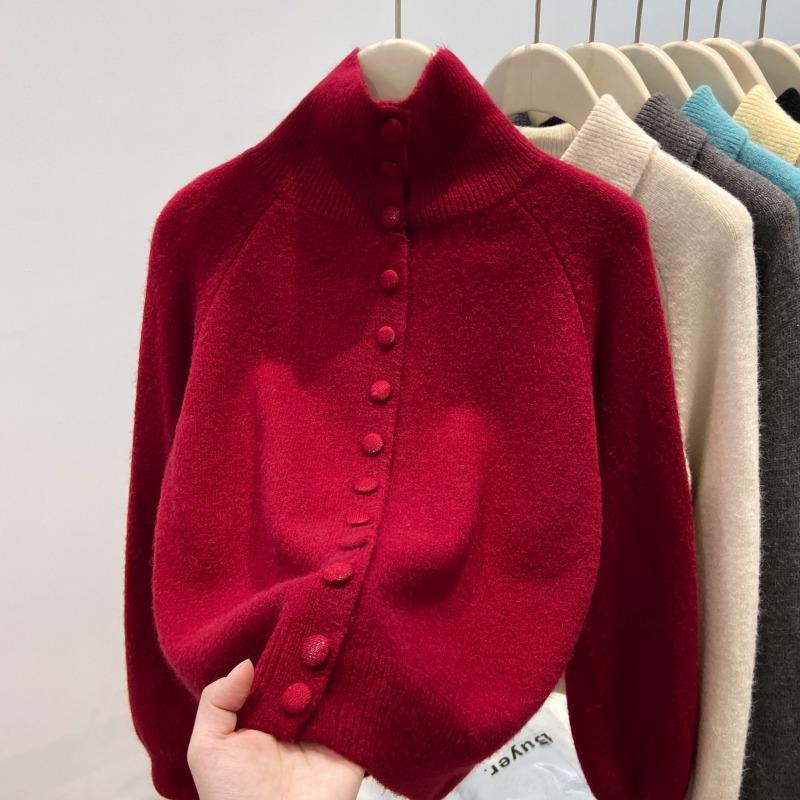 Turtleneck Thickened Sweater Jacket Women's Spring Single-breasted Knitted Cardigan Top Large Size Soft Waxy Sweater