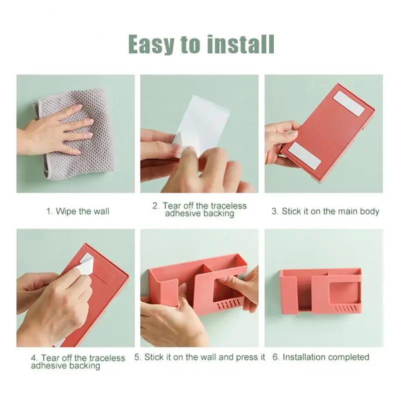 Wall Mounted Organizer Remote Control Storage Box 2 In 1 Punch Free Mobile Phone Plug Wall Holder Charging Multifunction Hook