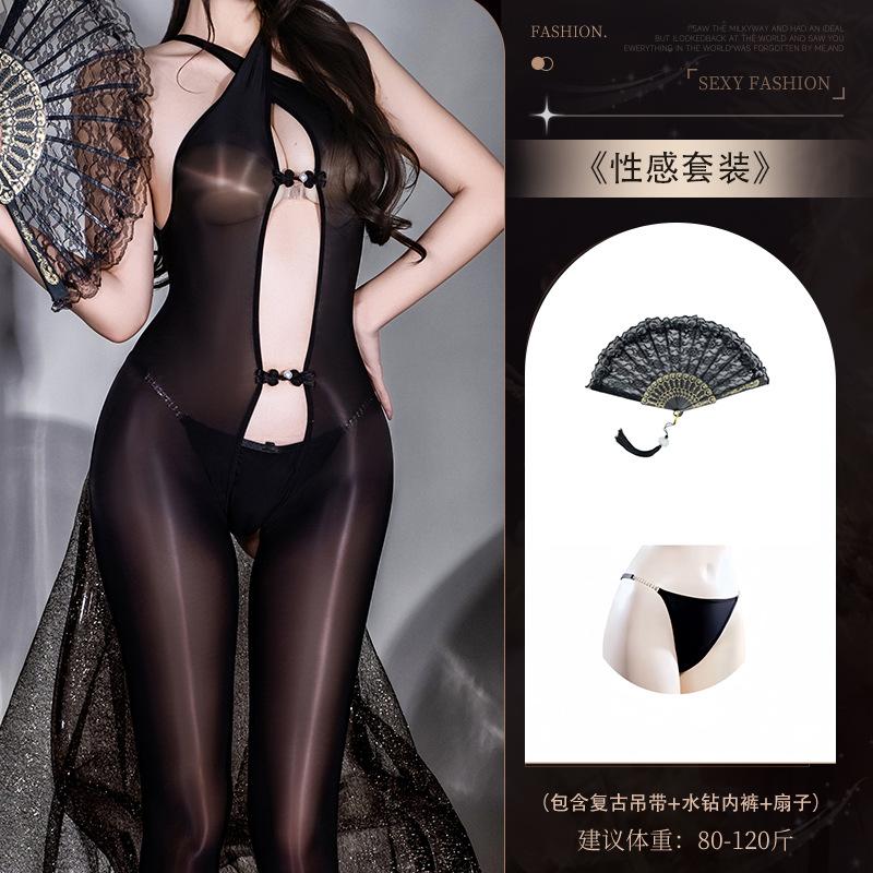 Sex underwear D horse oil half open cross neck onesie uniform temptation oil bright whole body one-piece black silk open file