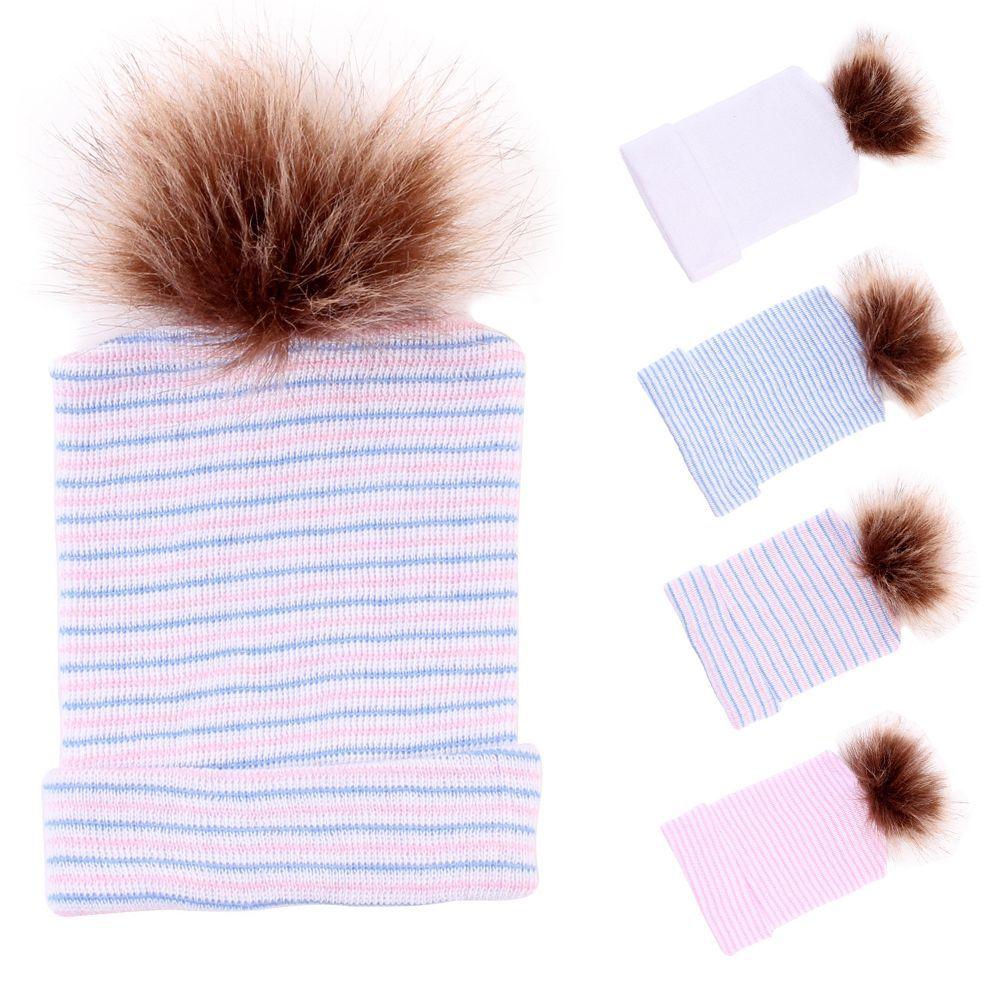 

Fashion Headwear Pompom bobble Striped Fur ball Baby Hat Beanie Cap Elastic
