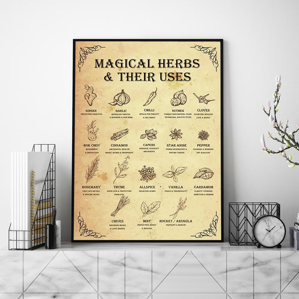 Magical Herbs and Their Uses Witchy Canvas Poster Witchcraft Kitchen Print Painting Vintage Art Pictures Pharmacy Wall Decor