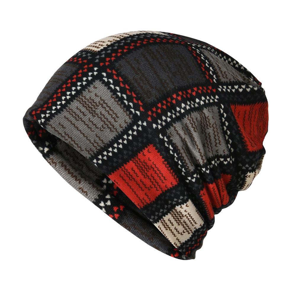 Contrasting Colors Pullover Hat Plaid Print Multifunctional Turban Hats Scarf Pullover Hat Casual Hedging Cap Autumn and Winter