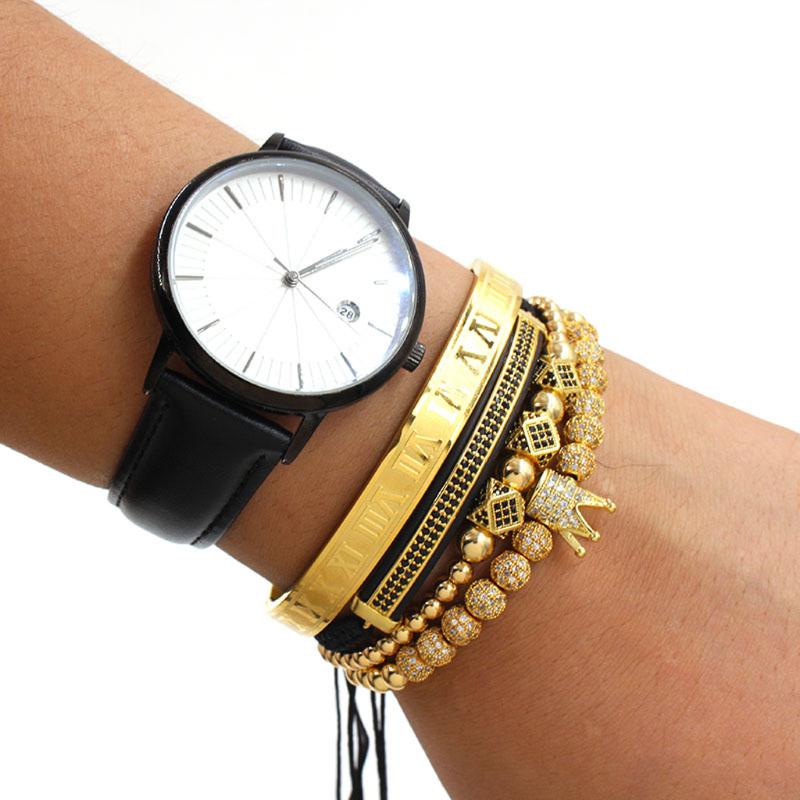 4 SZT. Luksusowa Bransoletka z Zawieszkami z Cyframi Rzymskimi, Bransoletka Królewska z Koroną, Zestaw Bransoletek z Cyrkoniami CZ, Biżuteria dla Mężczyzn i Kobiet