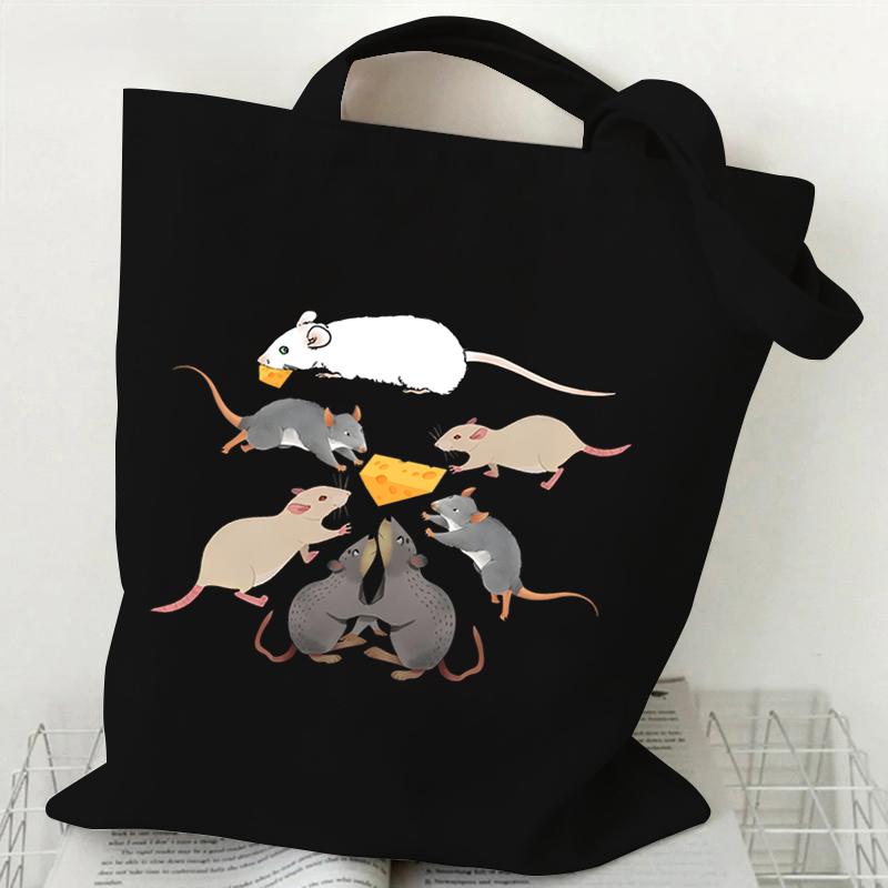 

Сумки для покупок с крысами для женщин Harajuku Animal Rat Плечевые сумки Винтажные многоразовые женские сумки-тоут Женские сумки Rat Scramble Cheese чёрный