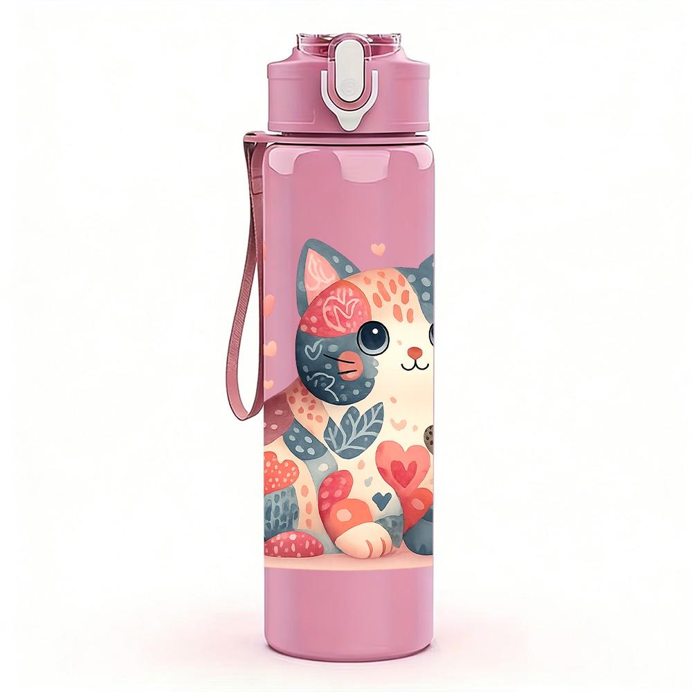 1PC Heart Floral Cat 750ml Color Plastic Sports Water Bottle Leakproof Flip Straw Lid Suitable for Sports Office Home Use