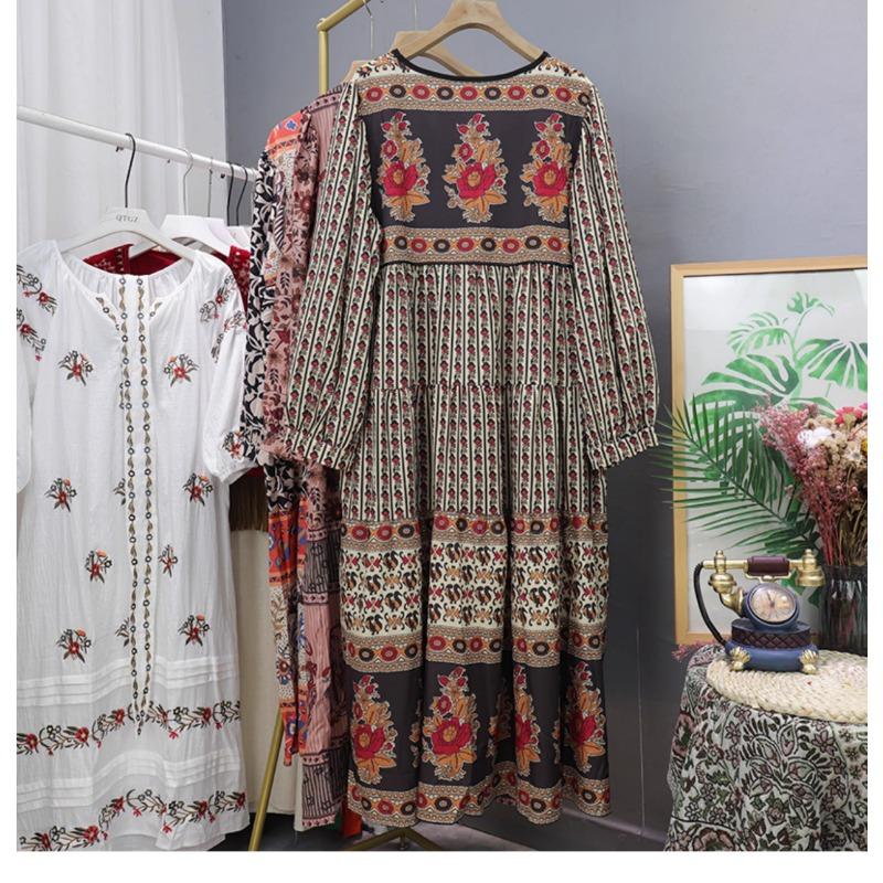 Dovolená Bohémský potisk Dlouhé šaty Jaro Podzim Retro Volné oblečení Elegantní Dlouhý rukáv Výstřih do V Šněrování Květinové Etnický styl Šaty