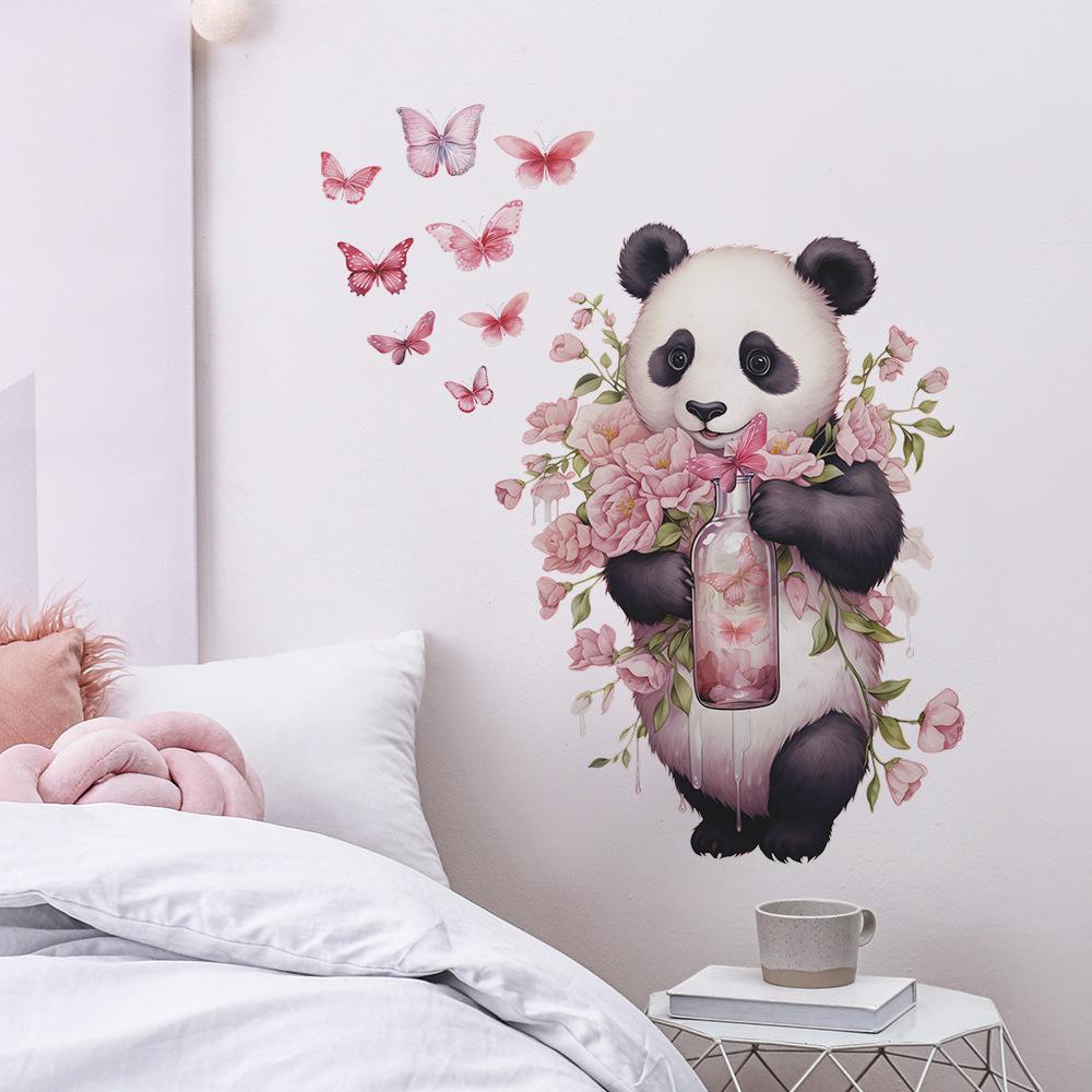 Kreslená Panda Romantická Růže Motýl Dětská Ložnice Domácí Pozadí Dekorace Samolepka na Zeď