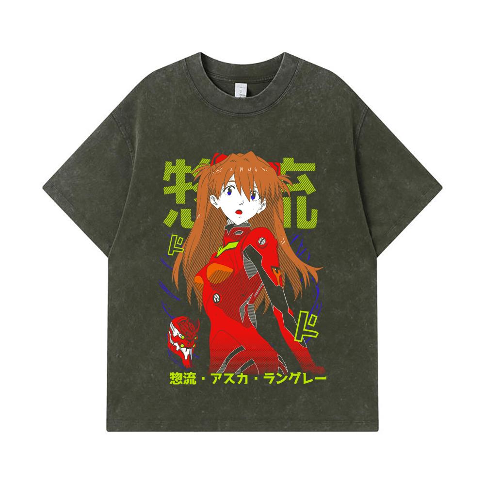 

275 GSM Washed T-shirts 100% Cotton Evangelion V10 Asuka Print Unisex Heavy Cotton T Shirt S армия зеленый