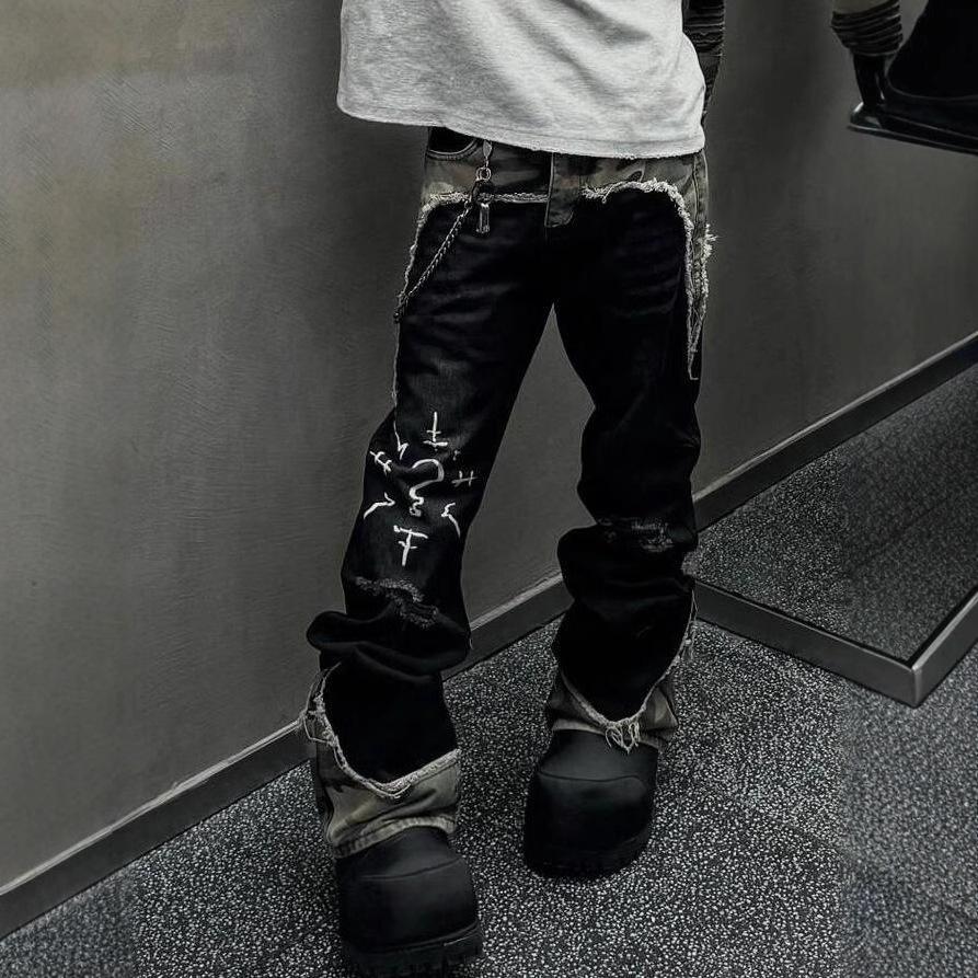 Women's Plus Size Retro Camo Patchwork Straight Leg Hip Hop Jeans