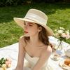 Women Sun Hat Breathable Wide Brim Flat Top French Style Straw Woven Hat with Ribbon Faux Pearls Decoration Summer Outdoor Hat