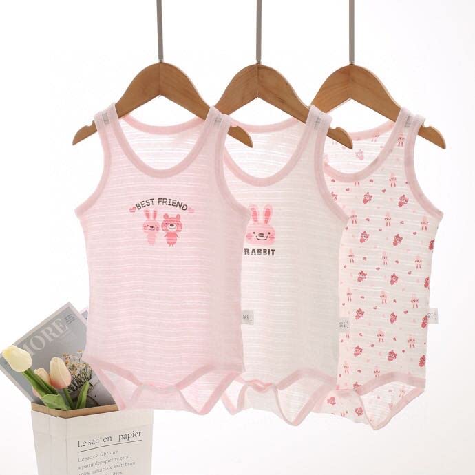 Baby Koi Baby Clothes Camisole Girls Set Romper Underwear Material Coverall Pink Set 4 Rabbit Pattern 100cm Three-Piece All-Year