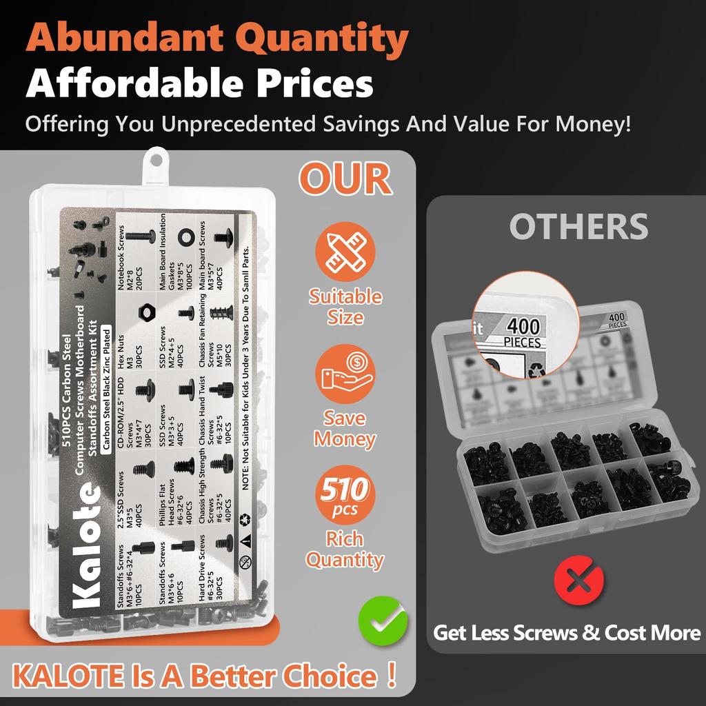 510PCS Computer Screws Assortment Kit, Carbon Steel Black Zinc Plated Motherboard Standoffs Screws PC Screws for HDD, SSD Hard Drive Fan, Power