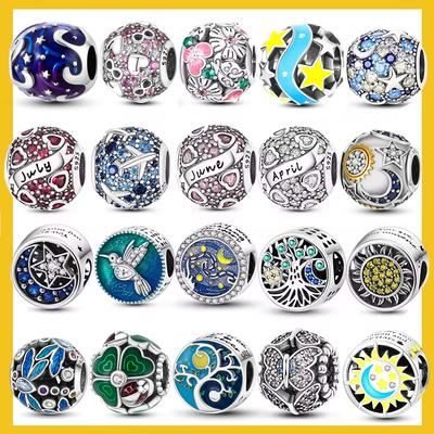 Colorful Round Inlaid CZ Zircon Charms 925 Silver Beads Pendant Fit Bracelet Plata De Ley Jewelry Gift