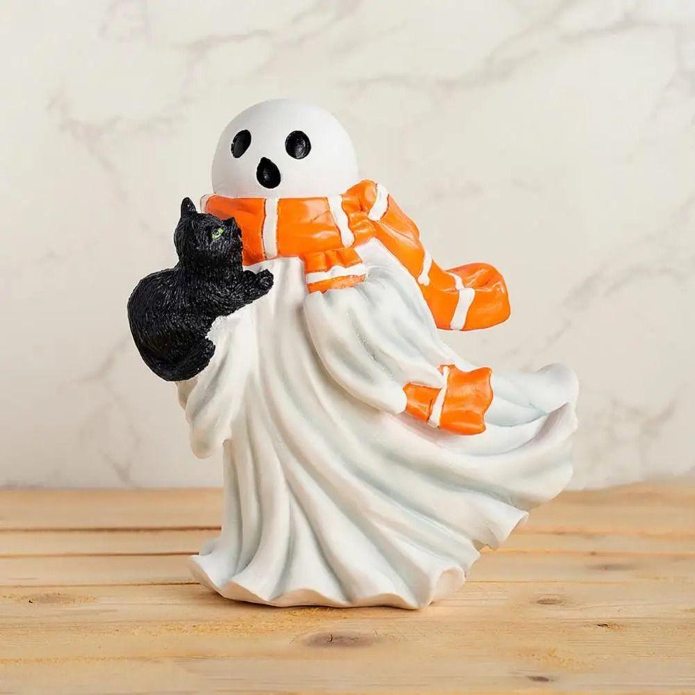 Creative Halloween Ghost Statue Cartoon Halloween Figurine Ghost Black Cat Sculpture  Office Decor