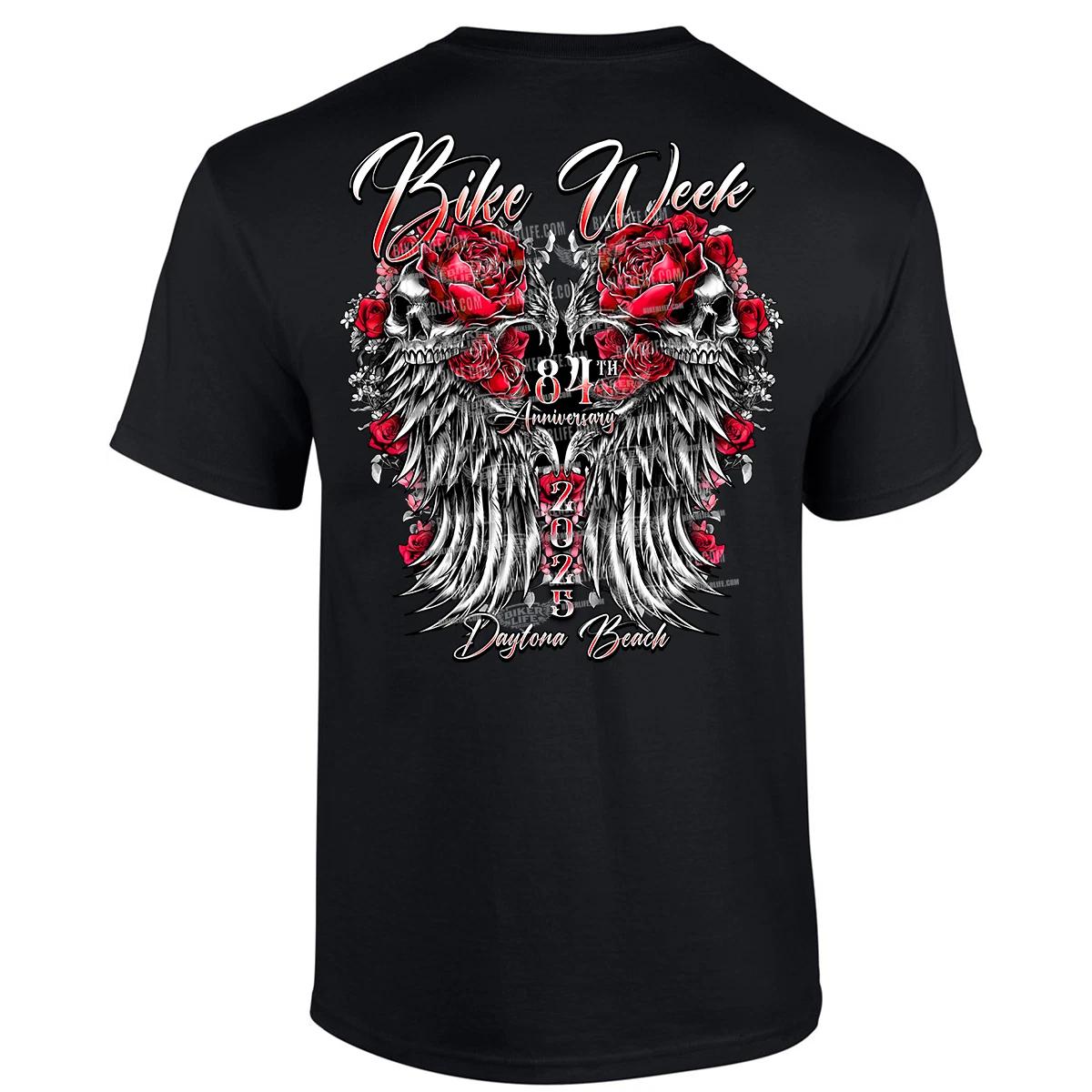 Ladies 2025 Bike Week Daytona Beach Rose Skull Wings T-Shirt M