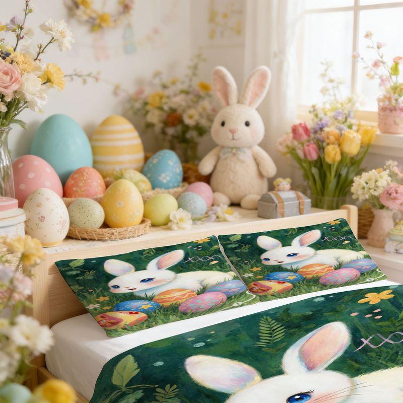 Bedding Pillowcase Quilt Cover 3-Piece Set Cute White Rabbit,Easter Egg Pattern,Easter Decoration