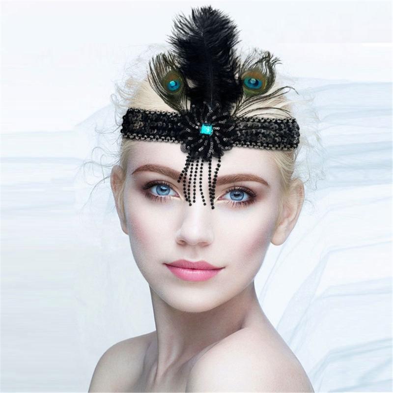 Stretchable Hairband With Glitter Fringe Natural Ostrich Peafowl Feather Comfortable Adjustable Headpiece For Event