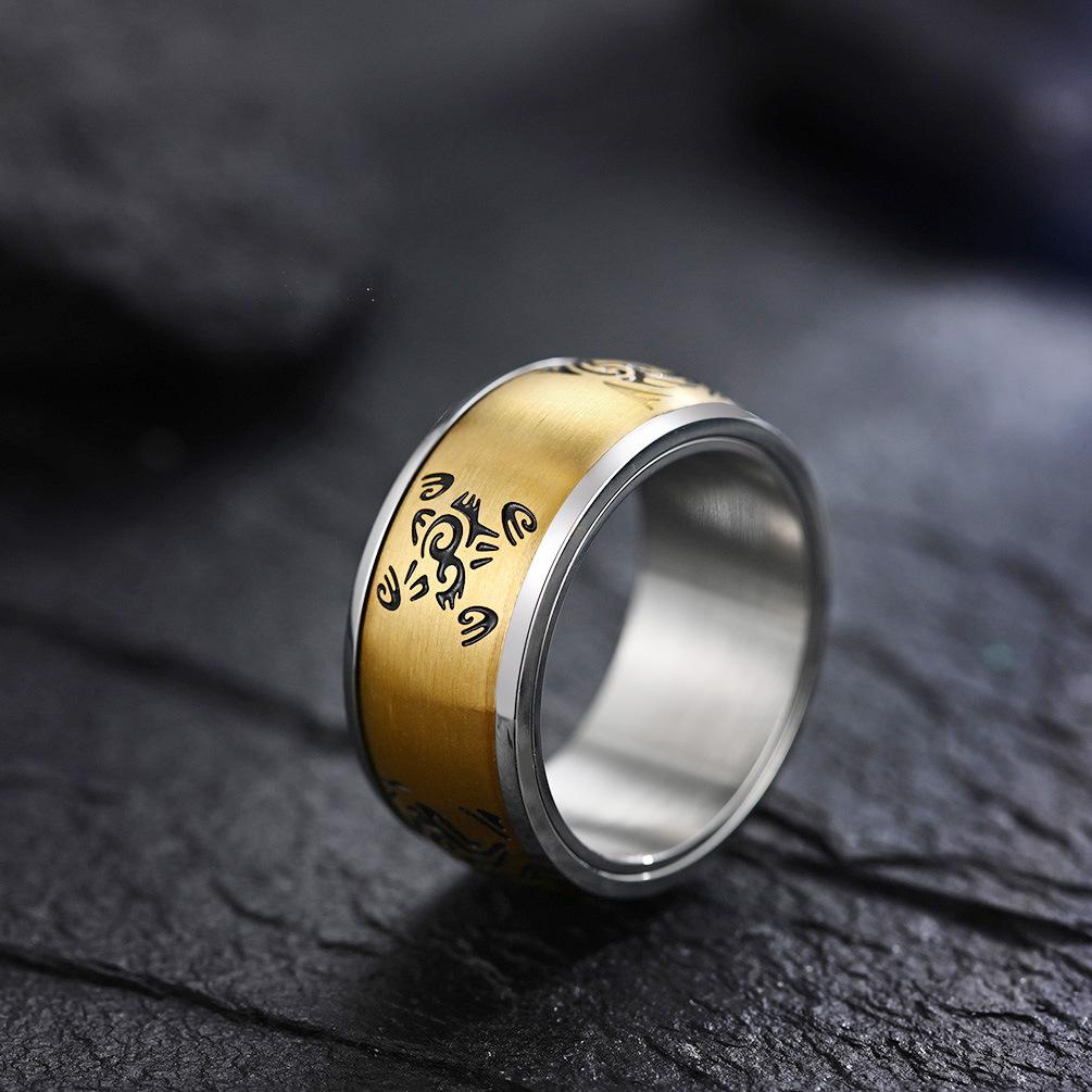 Sun Moon Nebula Electric Rotating Ring with Chinese Style Pattern and Mens Gold Plated Ring Symbolizing Brave Struggle and Tolerance