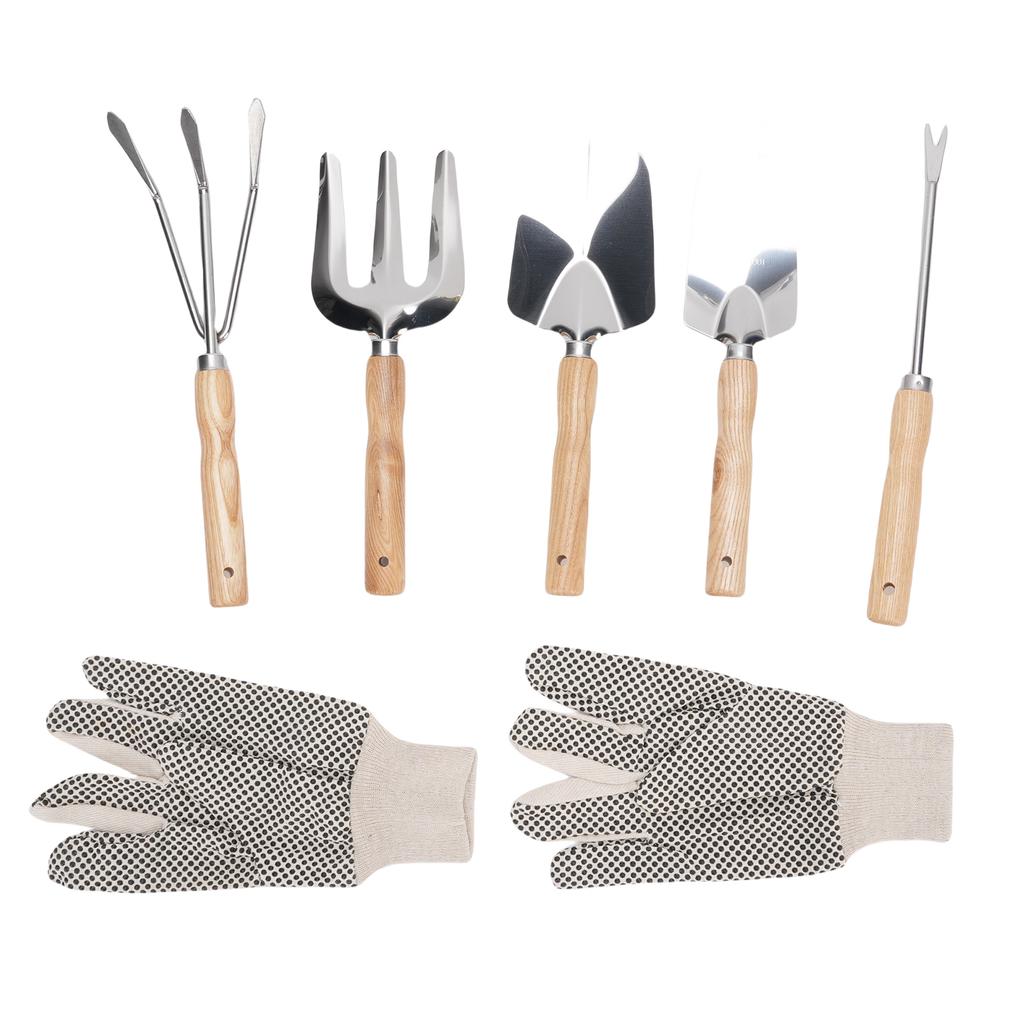 Garden Tools Wooden Handle Stainless Steel Shovel Trowel Weed Puller Hand Fork Rake with Canvas Gloves for Growing