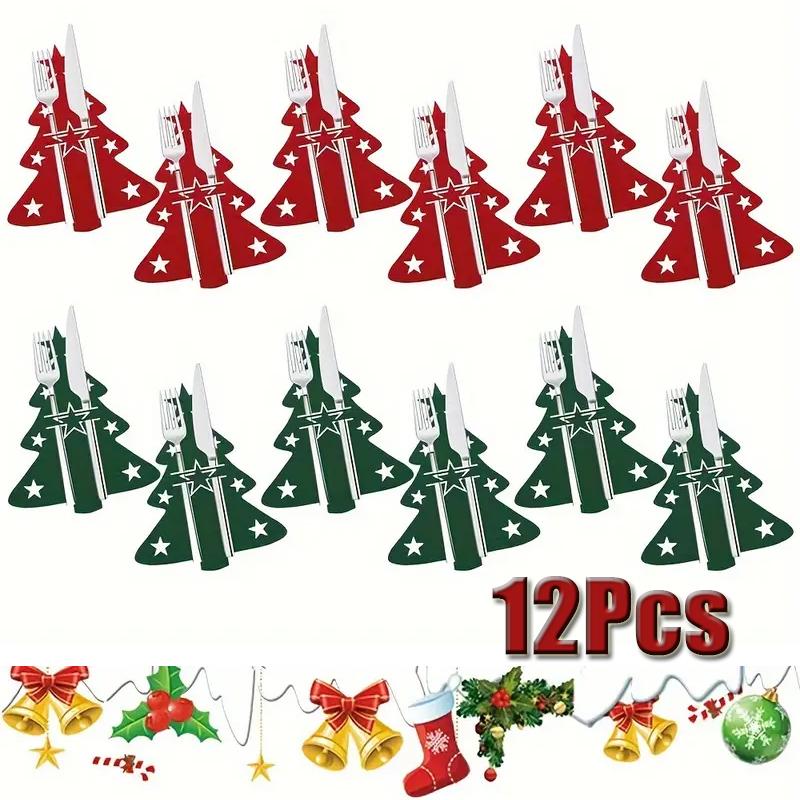 

12Pcs Mixed Colors Christmas Knife And Fork Holder Elk Christmas Tree Pocket Cutlery Bag Cookware Organizer Table Decoration